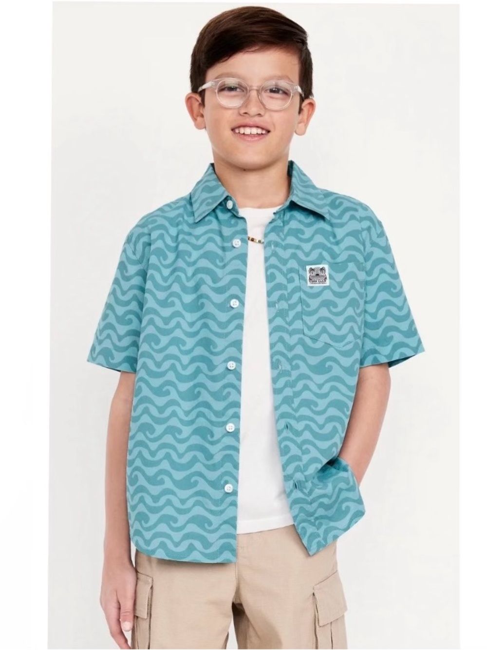 Old Navy Surf Wave Printed Short Sleeve Poplin Pocket Shirt Boys XL 14-16 NWT